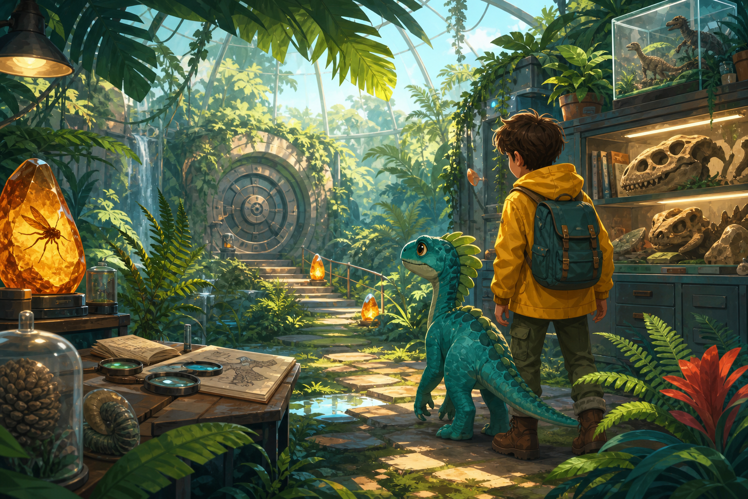 A child exploring a vivid dinosaur creation world
